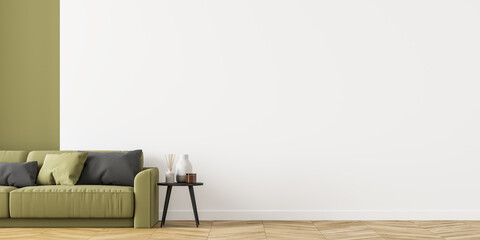 Living room interior with beige sofa and empty white wall