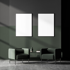 Dark modern scandinavian waiting room interior with two white poster