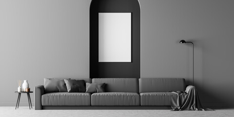 Dark living room interior with poster, arch and grey sofa