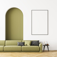 Bright living room interior with beige sofa and poster