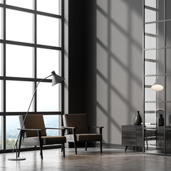 Modern living room interior with two grey armchair