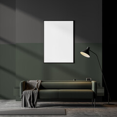 Dark scandinavian living room interior with a green couch