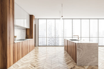 White and wooden kitchen interior with table and window, parquet floor