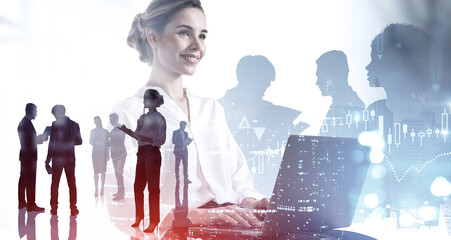 Office woman and partners on background candlesticks and city lights