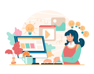 Woman girl character user sitting home at computer and serching information. Online internet searching researching using computer concept. Vector cartoon flat graphic design illustration