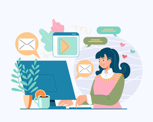 Fototapeta na wymiar Woman girl teen character sitting on computer and communicate with friends. Online internet social media concept. Vector cartoon flat graphic design illustration