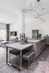 Open space living room and kitchen in glamour family house