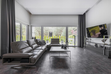 Fototapeta na wymiar Big window in trendy grey living room interior of suburban house