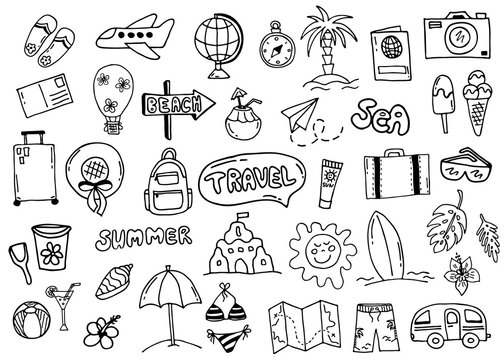 Doodle set summer tourism. Hand-drawn image for print, sticker, web, various designs. Vector tepatic elements of travel, recreation, tourism.