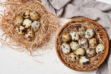 top view quail eggs in wooden bowl and nest on white table background                          