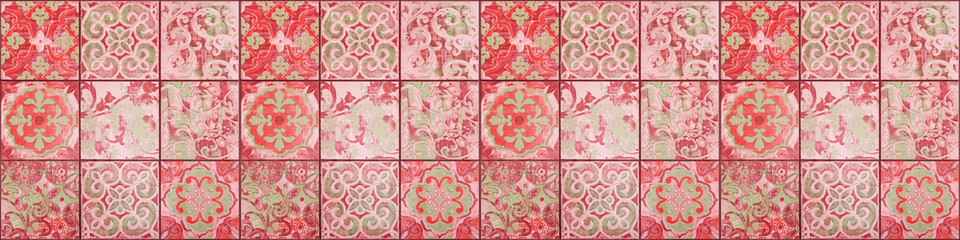 Old aged worn red seamless square vintage retro mosaic tiles wall texture with geometric floral flower leaves print / tile mirror pattern background banner panorama