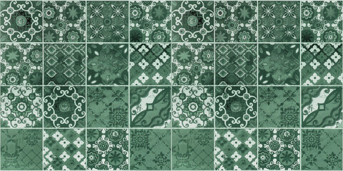 Old aged worn green seamless square vintage retro mosaic tiles wall texture with geometric floral...