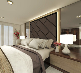 Luxurious Master Bedroom Design with comfortable bed cover, wooden side table and cushion headboard panel. 