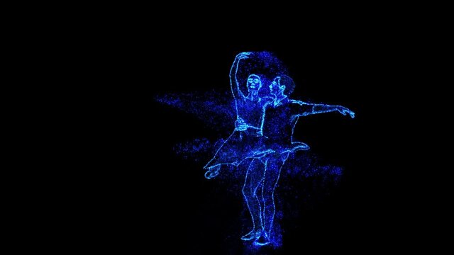 Couple is dancing a ballet of blue and gold particles.