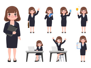 Fototapeta na wymiar Business woman in suit clothes with job routine character pose. 