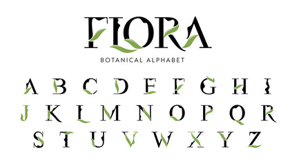 Vector Floral Alphabet with decorative leafs elements. Modern elegance font with uppercase letters. Vector Illustration.