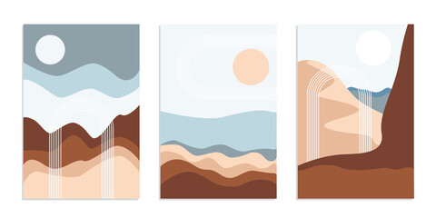 Desert abstract boho landscape with sun and moon in arch. Abstract vector contemporary aesthetic background in Earth tones. Set of posters.