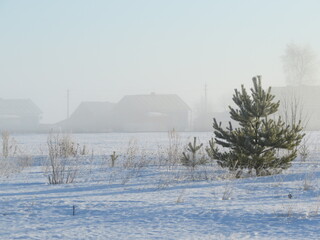 winter, snow, landscape, cold, sky, house, tree, nature, white, blue, farm, ice, trees, mountain, village, season, forest, view, frost, field, countryside, sunset, building, country, russia