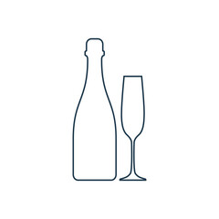 Champagne bottle and glassware. Alcoholic drink for parties and celebrations. Simple black line shapes isolated. Illustration on white background. Flat design style for any purposes
