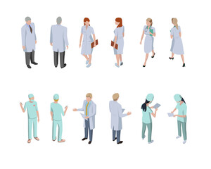 Set of isometric people. Doctors, assistants, and medics in standing positions and uniforms. Vector 3d illustration.