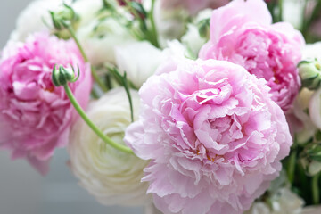 Beautiful bouquet of pink peonies. Floral shop concept . 