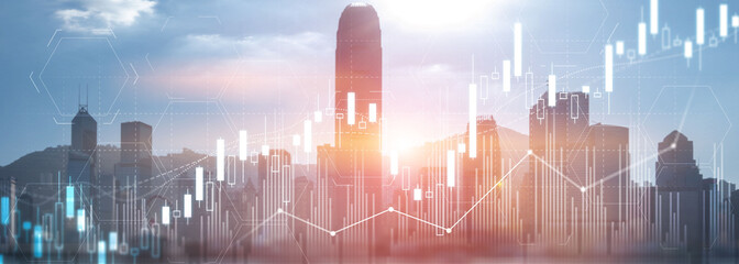 Plakat Stock trading, investment, candle stock market chart diagram website header banner city view skyline