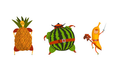 Funny Ripe Fruit and Berries as Humanized Comic Characters Vector Set