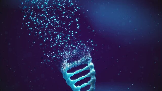 3d animation of double helix DNA molecule created from particles, Emergence of life(abiogenesis) and evolutionary genetics concept.
