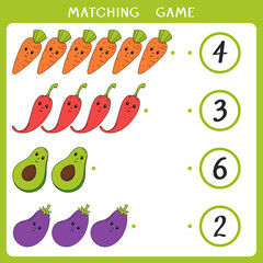Educational math game for kids. Count how many vegetable and connect with number