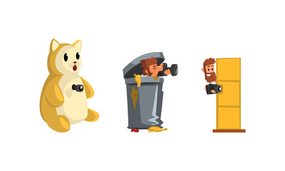 Bearded Man Paparazzi or Photographer Hiding with Photo Camera Vector Set