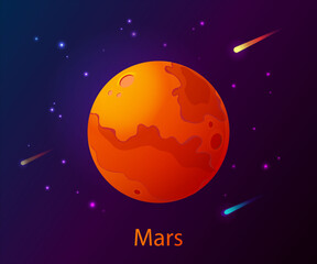 3d Mars or realistic Red Planet in dark space with stars and comets. Planet of the Solar System. Space decoration design. Space background illustration surface of cartoon planet with craters.