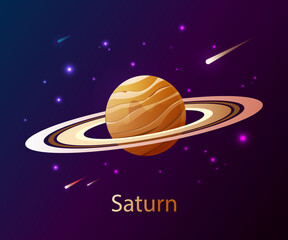 Realistic planet Saturn in dark space with stars and comets. Planet of the Solar System. Space decoration design.Astronomy. The sixth planet from the Sun. Vector illustration for design and banners.
