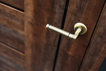Fragment of a brown door with a bronze handle. Close-up. Selective focus