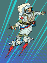 an autronaut on a space jet hoverboard. Science fiction © studiostoks
