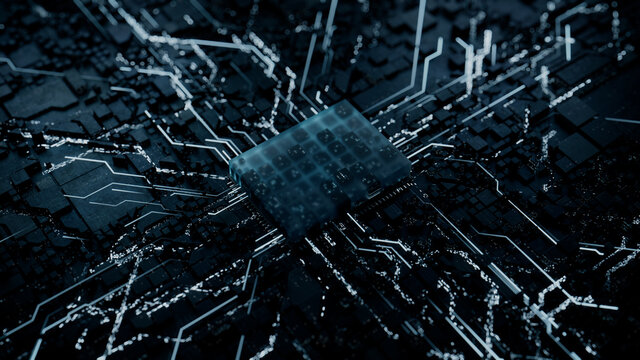 Advanced Technology Concept with Microchip. White Neon Data flows from the CPU across a Futuristic Motherboard. 3D render.