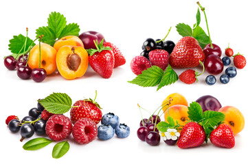 Collage mix set of Fresh berries and fruits in still life with green leaves strawberry, apricot, cherry, plum isolated on white background.
