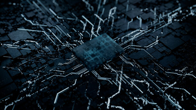 Advanced Technology Concept with Microchip. White Neon Data flows from the CPU across a Futuristic Motherboard. 3D render.
