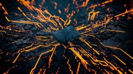 Advanced Technology Concept with Microchip. Orange Neon Data flows from the CPU across a Futuristic Motherboard. 3D render.