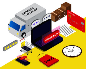 A vector of isometric online shopping with laptop, delivery truck, smartphone and fake credit card insight. Online shopping helps to generate millions of dollar every year.