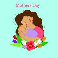 Mom loves it. The mother gently hugs her child. Flowers. On a soft background.Happiness