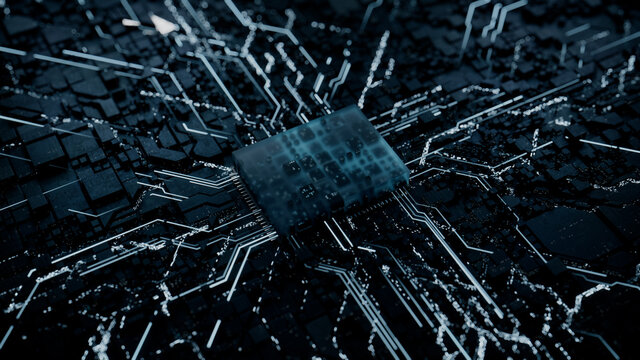 Advanced Technology Concept with Microchip. White Neon Data flows from the CPU across a Futuristic Motherboard. 3D render.