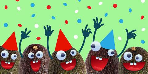 Group of funny avocado with googly eyes wearing party hats having fun.