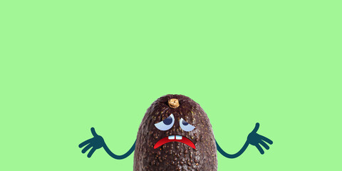 A frustrated avocado with googly eyes makes a helpless gesture.