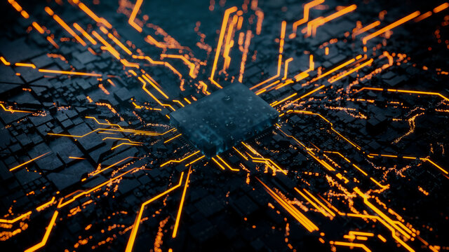 Advanced Technology Concept with Microchip. Orange Neon Data flows from the CPU across a Futuristic Motherboard. 3D render.