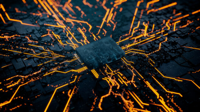 Advanced Technology Concept with Microchip. Orange Neon Data flows from the CPU across a Futuristic Motherboard. 3D render.
