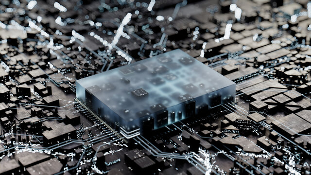 Advanced Technology Concept with Microchip. White Neon Data flows from the CPU across a Futuristic Motherboard. 3D render.
