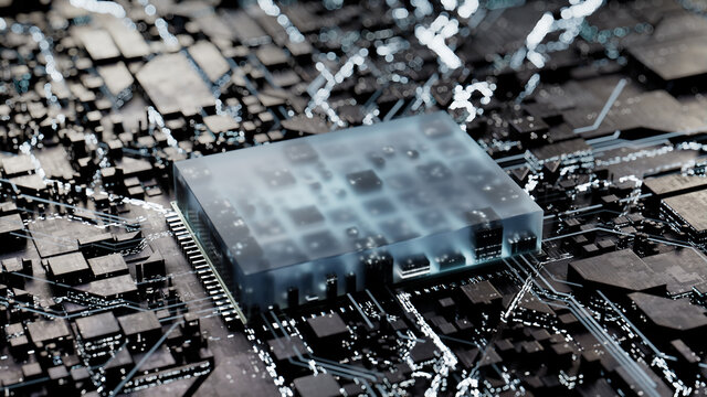 Advanced Technology Concept with Microchip. White Neon Data flows from the CPU across a Futuristic Motherboard. 3D render.