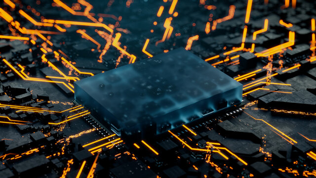 Advanced Technology Concept with Microchip. Orange Neon Data flows from the CPU across a Futuristic Motherboard. 3D render.