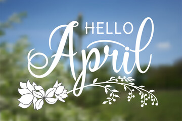 Handwritten, hello april, lettering message. April welcome quote with leaves . Modern lettering. Hello April design for cards, banners, posters. Blurred background. © Natalya
