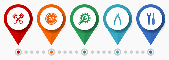 Car serivce and repair vector icon set, flat design pointers, infographic template